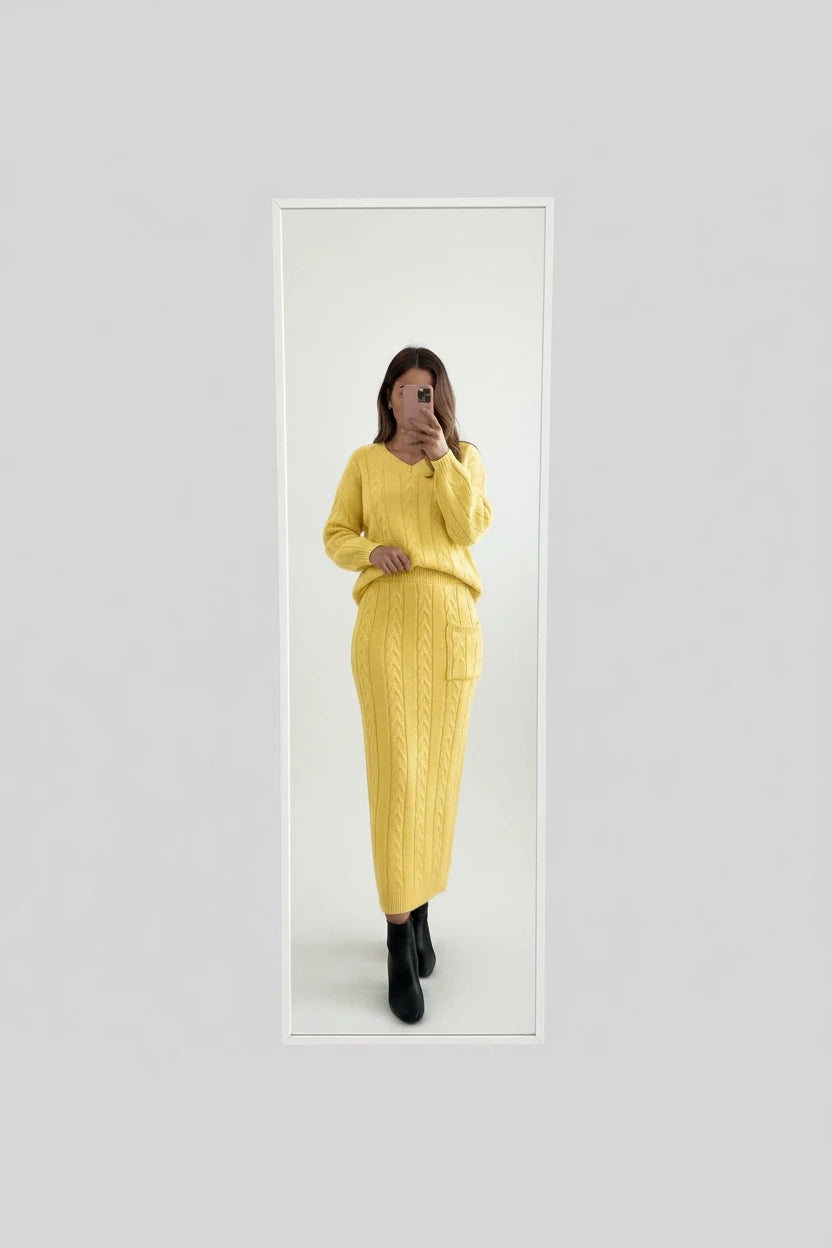 Ensemble chandail femme
Automne et hiver deux
Ensemble de pièces Hauts pull en tricot à col en O pour femmes et ensemble jupe en tricot Ensemble de robe chaude décontractée uni