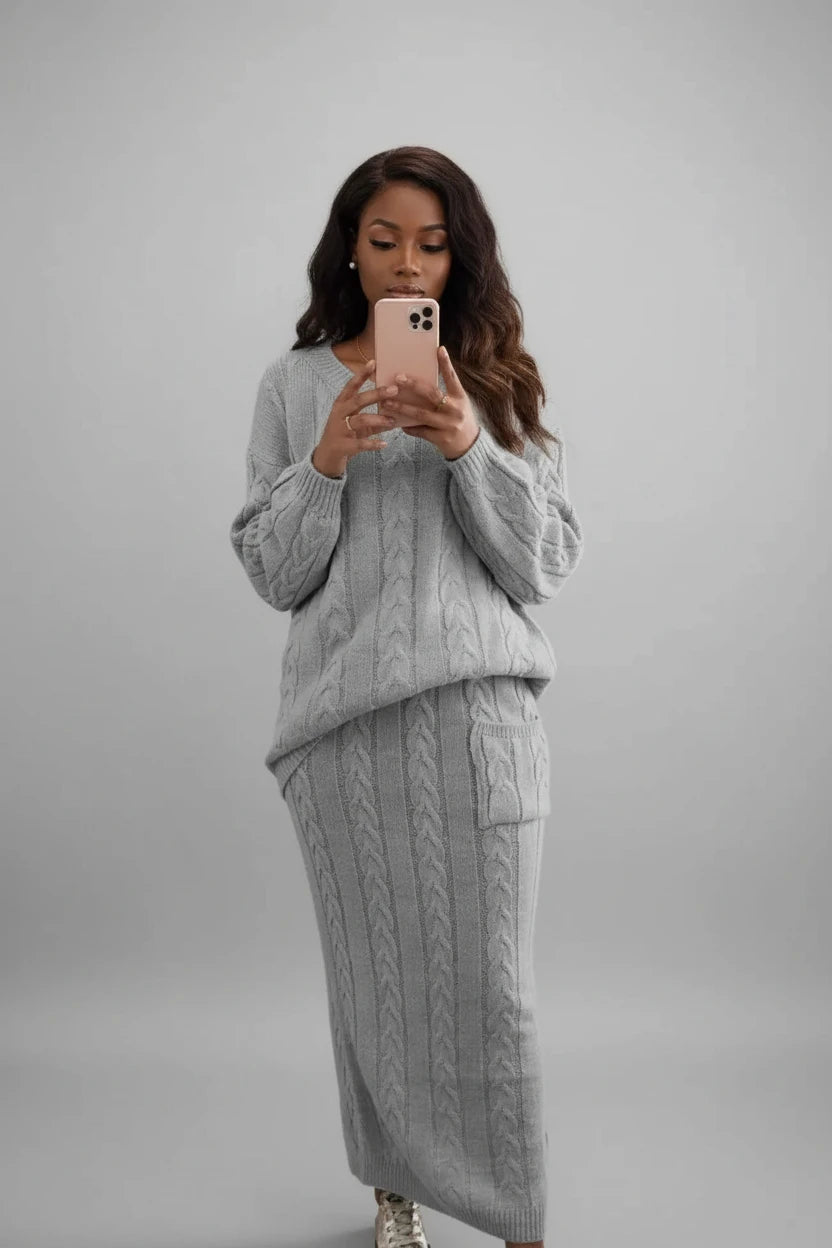 Ensemble chandail femme
Automne et hiver deux
Ensemble de pièces Hauts pull en tricot à col en O pour femmes et ensemble jupe en tricot Ensemble de robe chaude décontractée uni