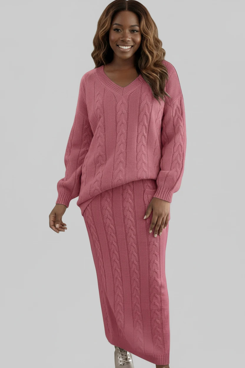 Ensemble chandail femme
Automne et hiver deux
Ensemble de pièces Hauts pull en tricot à col en O pour femmes et ensemble jupe en tricot Ensemble de robe chaude décontractée uni