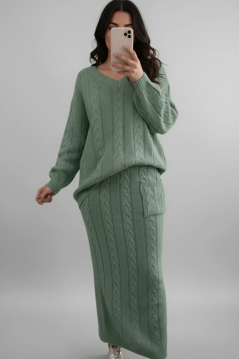 Ensemble chandail femme
Automne et hiver deux
Ensemble de pièces Hauts pull en tricot à col en O pour femmes et ensemble jupe en tricot Ensemble de robe chaude décontractée uni