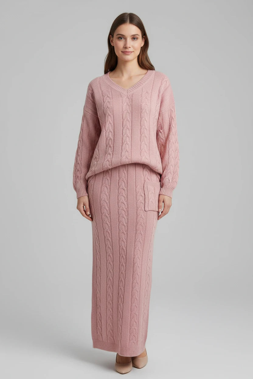 Ensemble chandail femme
Automne et hiver deux
Ensemble de pièces Hauts pull en tricot à col en O pour femmes et ensemble jupe en tricot Ensemble de robe chaude décontractée uni