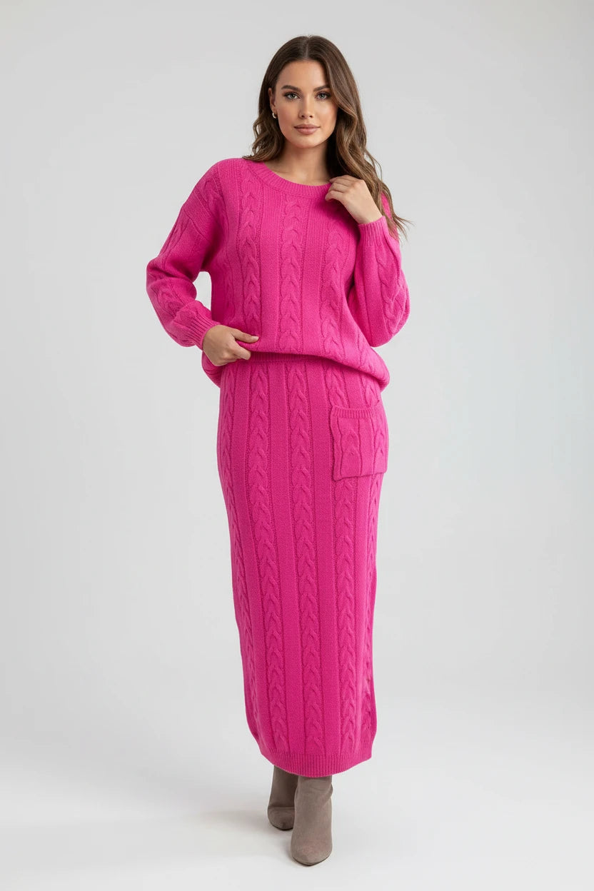 Ensemble chandail femme
Automne et hiver deux
Ensemble de pièces Hauts pull en tricot à col en O pour femmes et ensemble jupe en tricot Ensemble de robe chaude décontractée uni