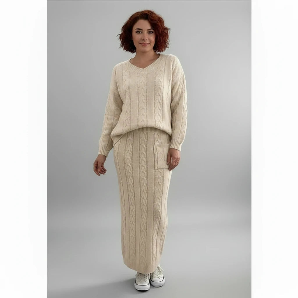 Ensemble chandail femme
Automne et hiver deux
Ensemble de pièces Hauts pull en tricot à col en O pour femmes et ensemble jupe en tricot Ensemble de robe chaude décontractée uni